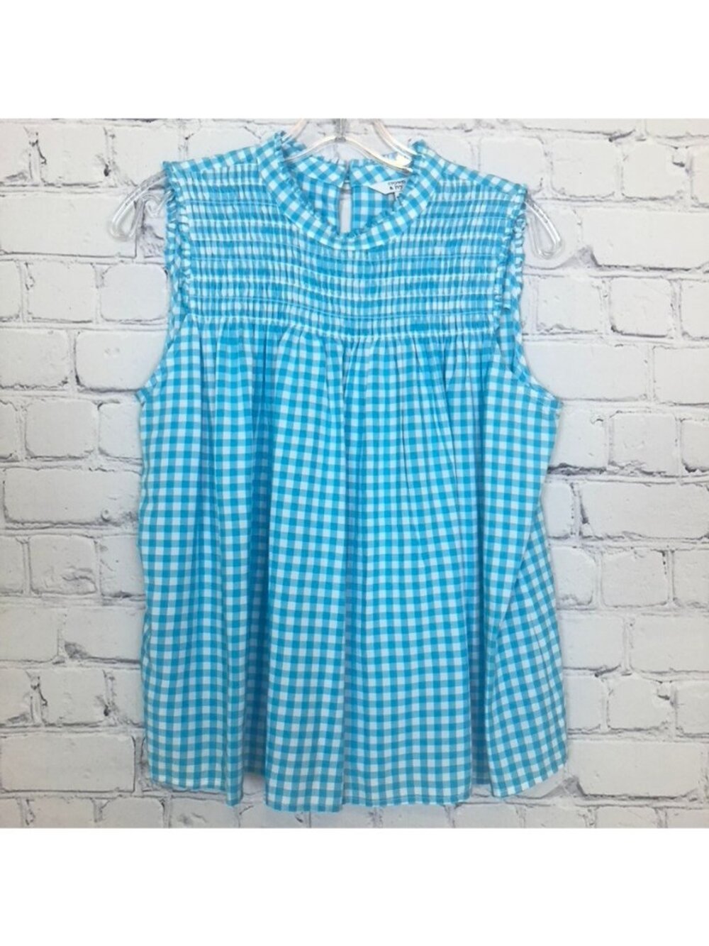 Crown & Ivy Turquoise Gingham Sleeveless Top Size S Smocked Ruffle